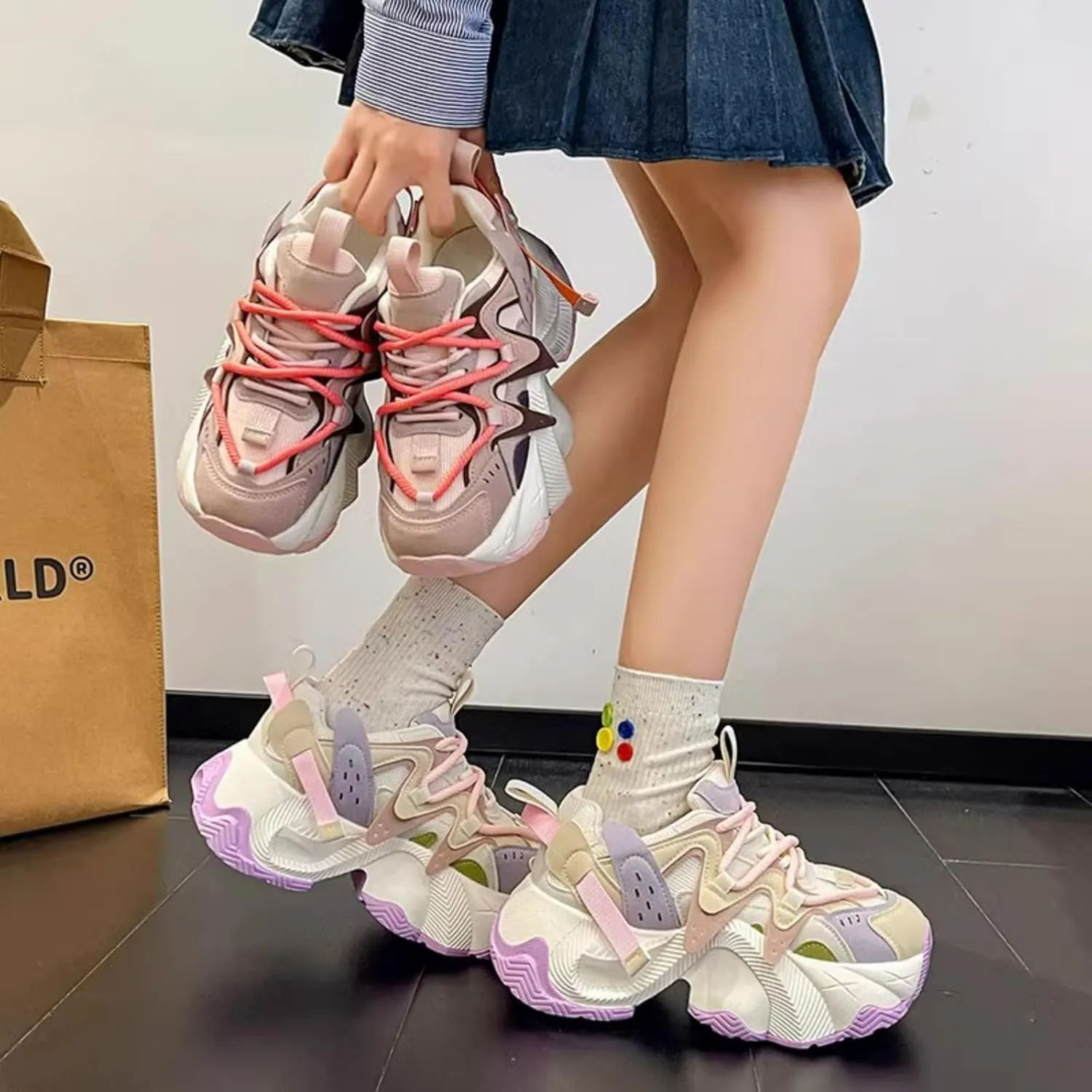 Cute Sneakers for Women Retro Thick Sole Dad Shoes Lace-Up Height Increase Walking Cute Shoes