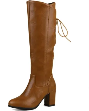 DINTAHA Chunky Knee High Lace Up Boots Zip Up Heeled Tall Boots For Women