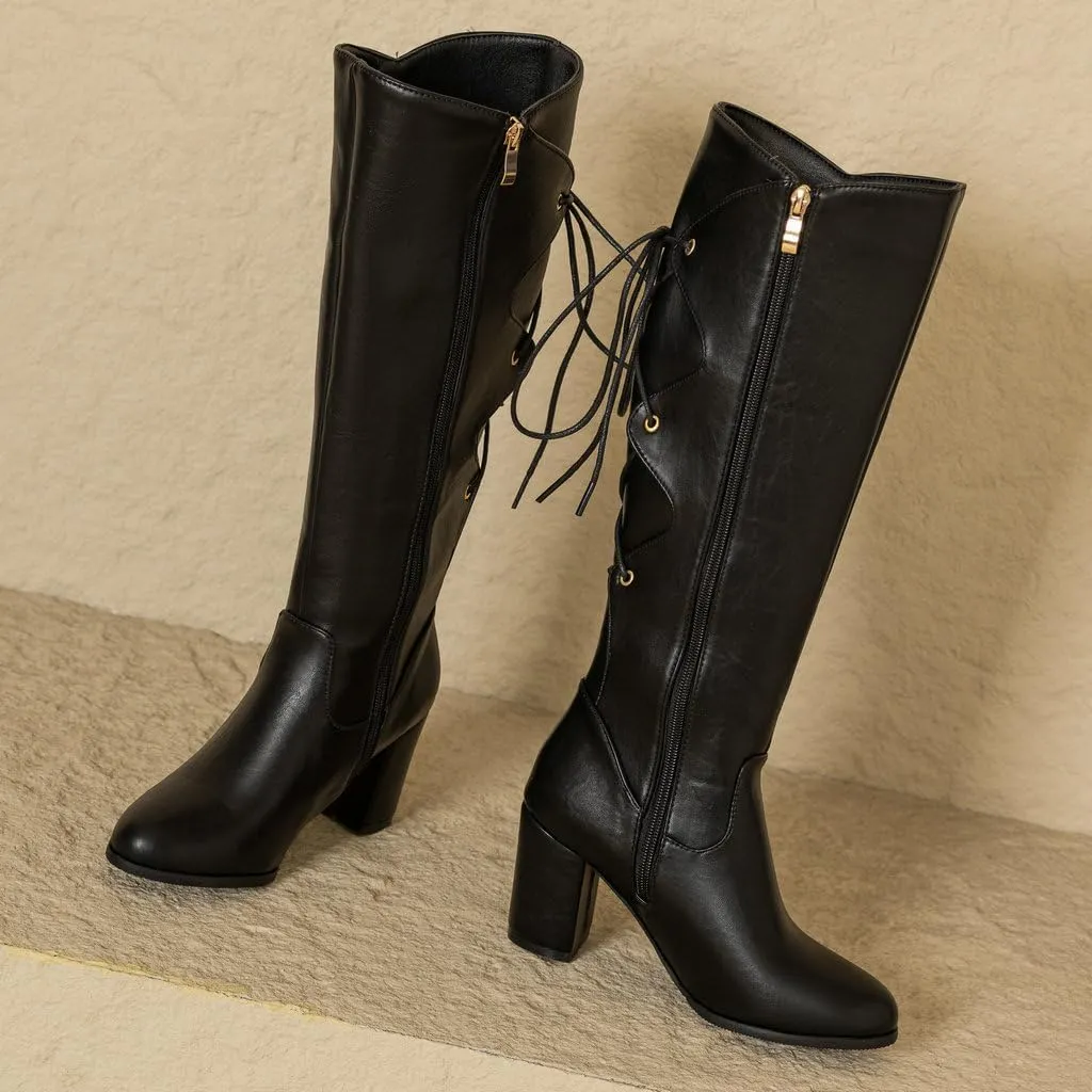 DINTAHA Chunky Knee High Lace Up Boots Zip Up Heeled Tall Boots For Women