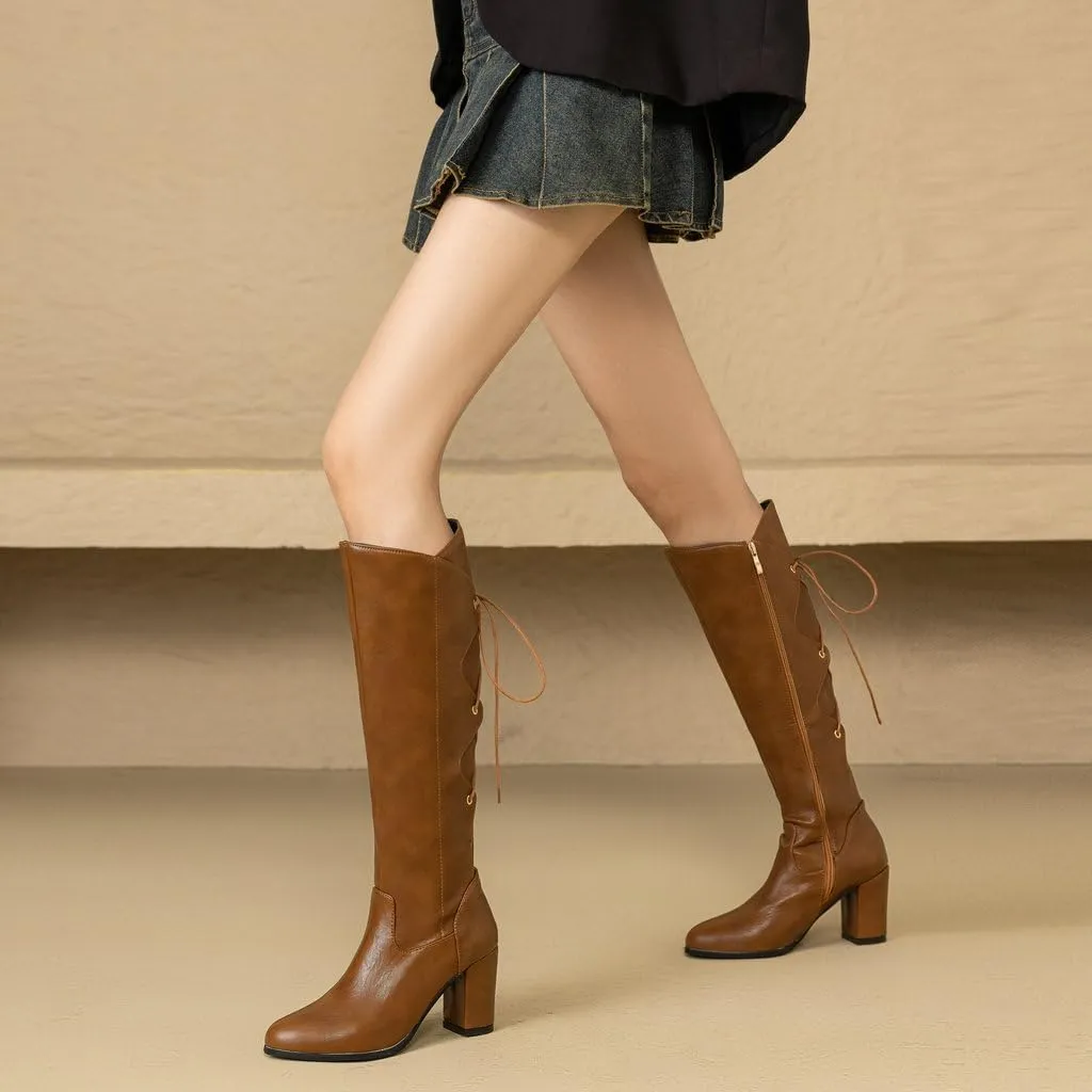 DINTAHA Chunky Knee High Lace Up Boots Zip Up Heeled Tall Boots For Women