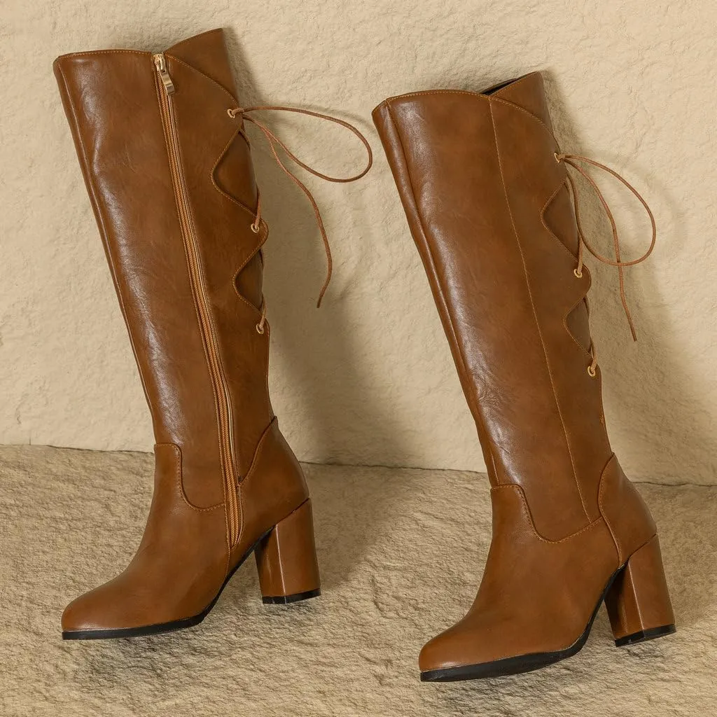 DINTAHA Chunky Knee High Lace Up Boots Zip Up Heeled Tall Boots For Women