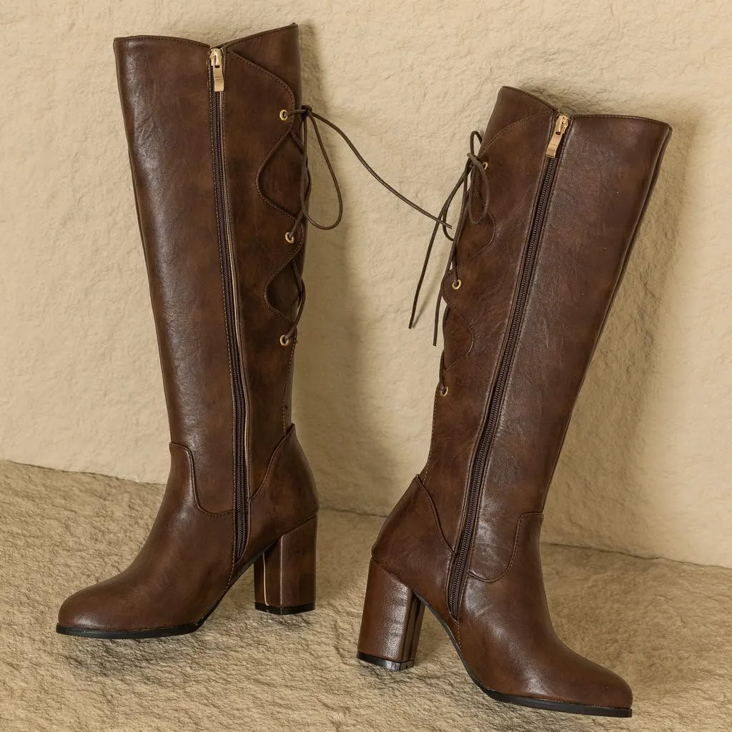 DINTAHA Chunky Knee High Lace Up Boots Zip Up Heeled Tall Boots For Women