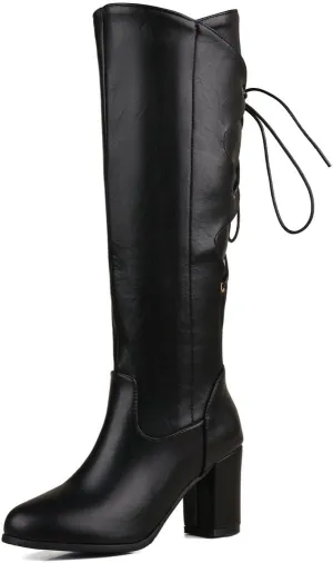 DINTAHA Chunky Knee High Lace Up Boots Zip Up Heeled Tall Boots For Women