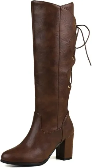 DINTAHA Chunky Knee High Lace Up Boots Zip Up Heeled Tall Boots For Women