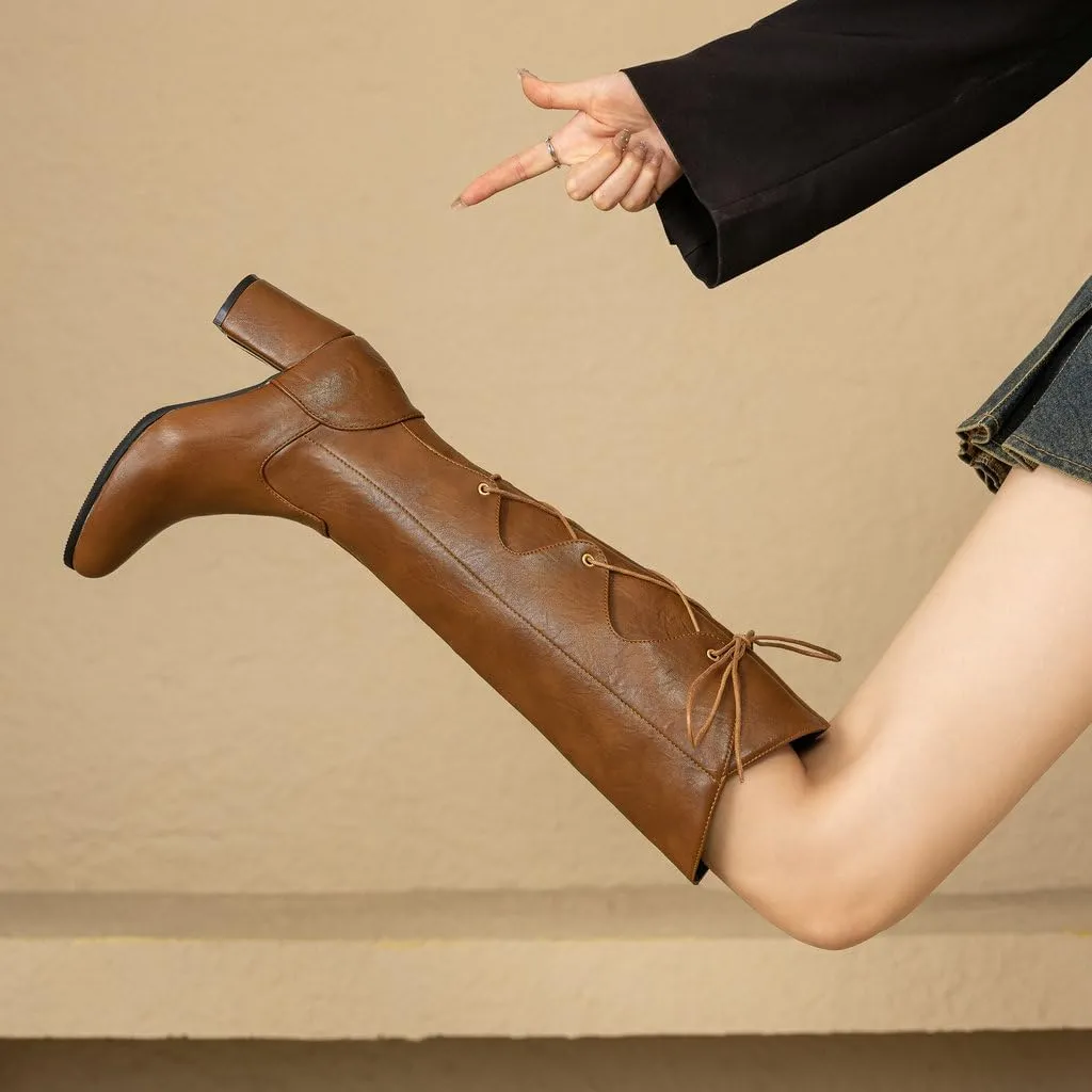 DINTAHA Chunky Knee High Lace Up Boots Zip Up Heeled Tall Boots For Women
