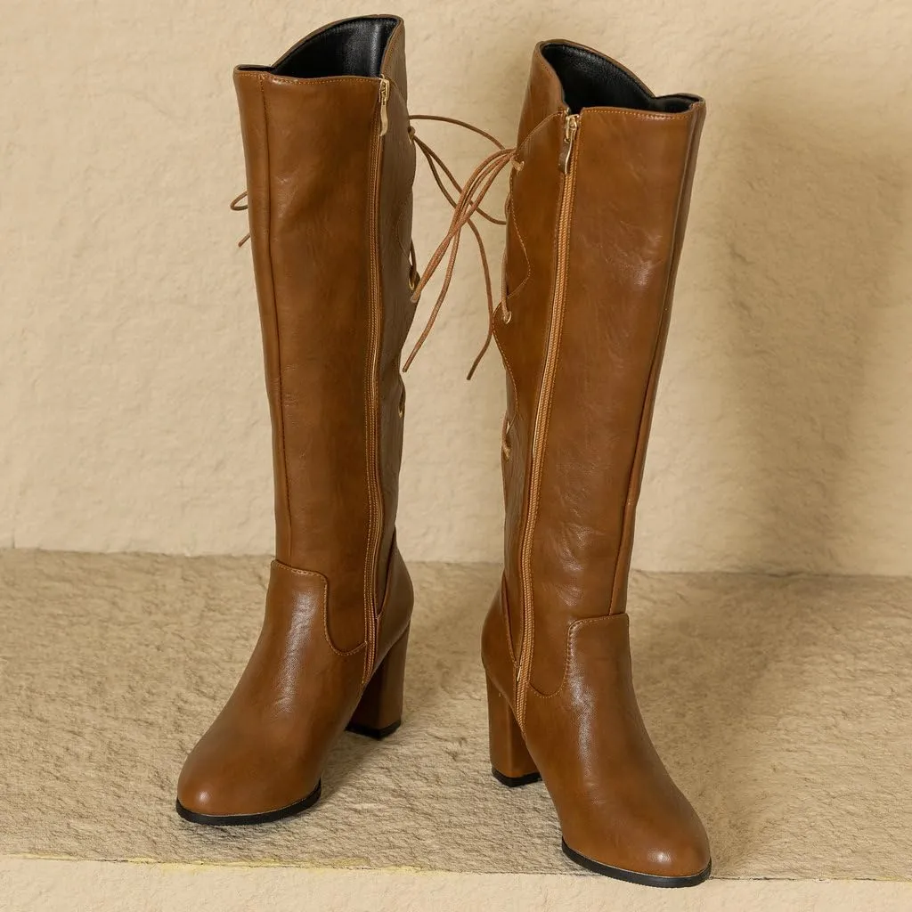 DINTAHA Chunky Knee High Lace Up Boots Zip Up Heeled Tall Boots For Women