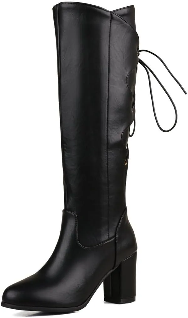 DINTAHA Chunky Knee High Lace Up Boots Zip Up Heeled Tall Boots For Women