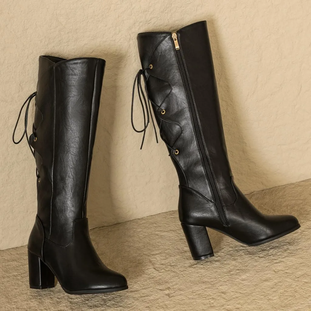 DINTAHA Chunky Knee High Lace Up Boots Zip Up Heeled Tall Boots For Women