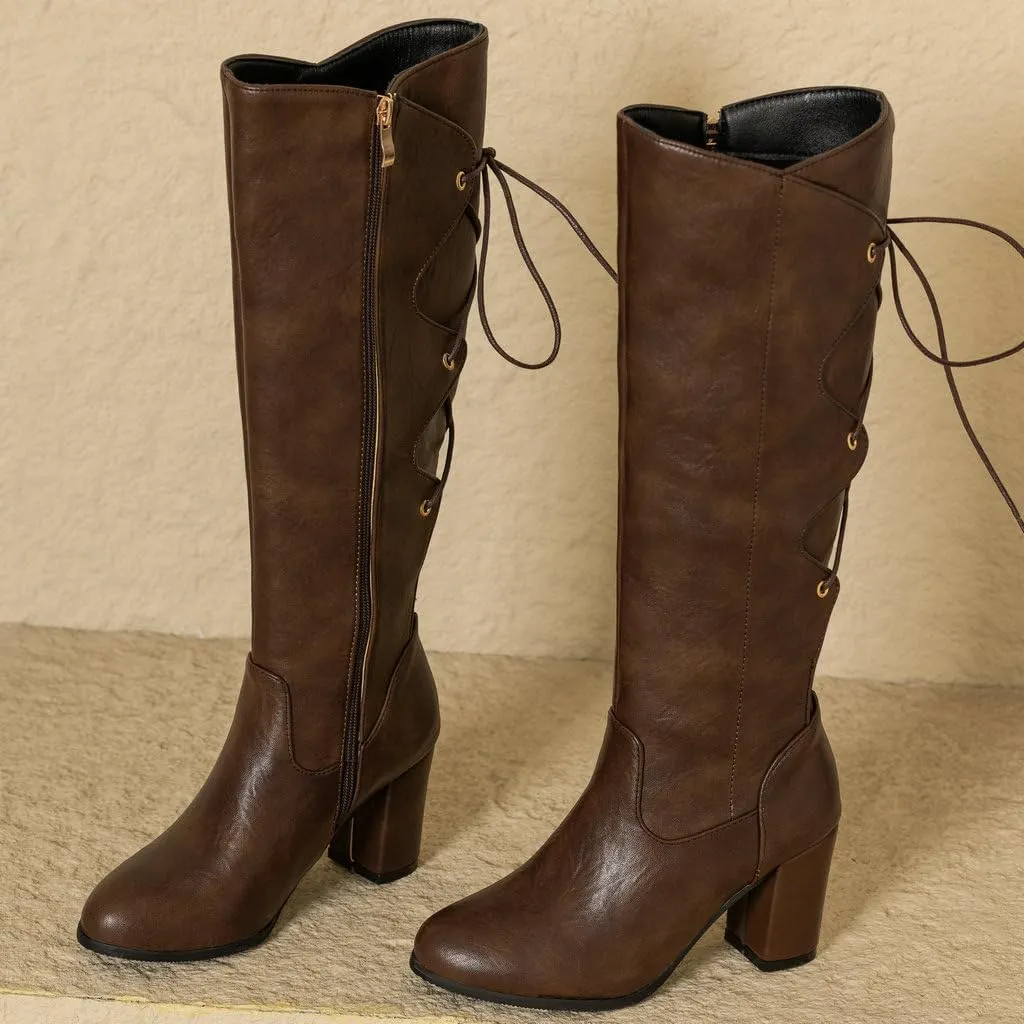 DINTAHA Chunky Knee High Lace Up Boots Zip Up Heeled Tall Boots For Women