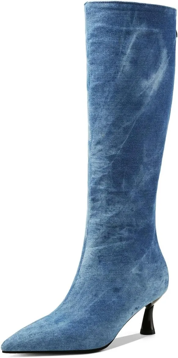 DINTAHA Denim Boots For Women Low Heel,Fall Kitten Heel Knee High Boots Pointed Toe Mid Calf Dress Boots For Women