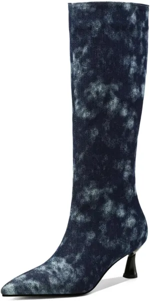 DINTAHA Denim Boots For Women Low Heel,Fall Kitten Heel Knee High Boots Pointed Toe Mid Calf Dress Boots For Women