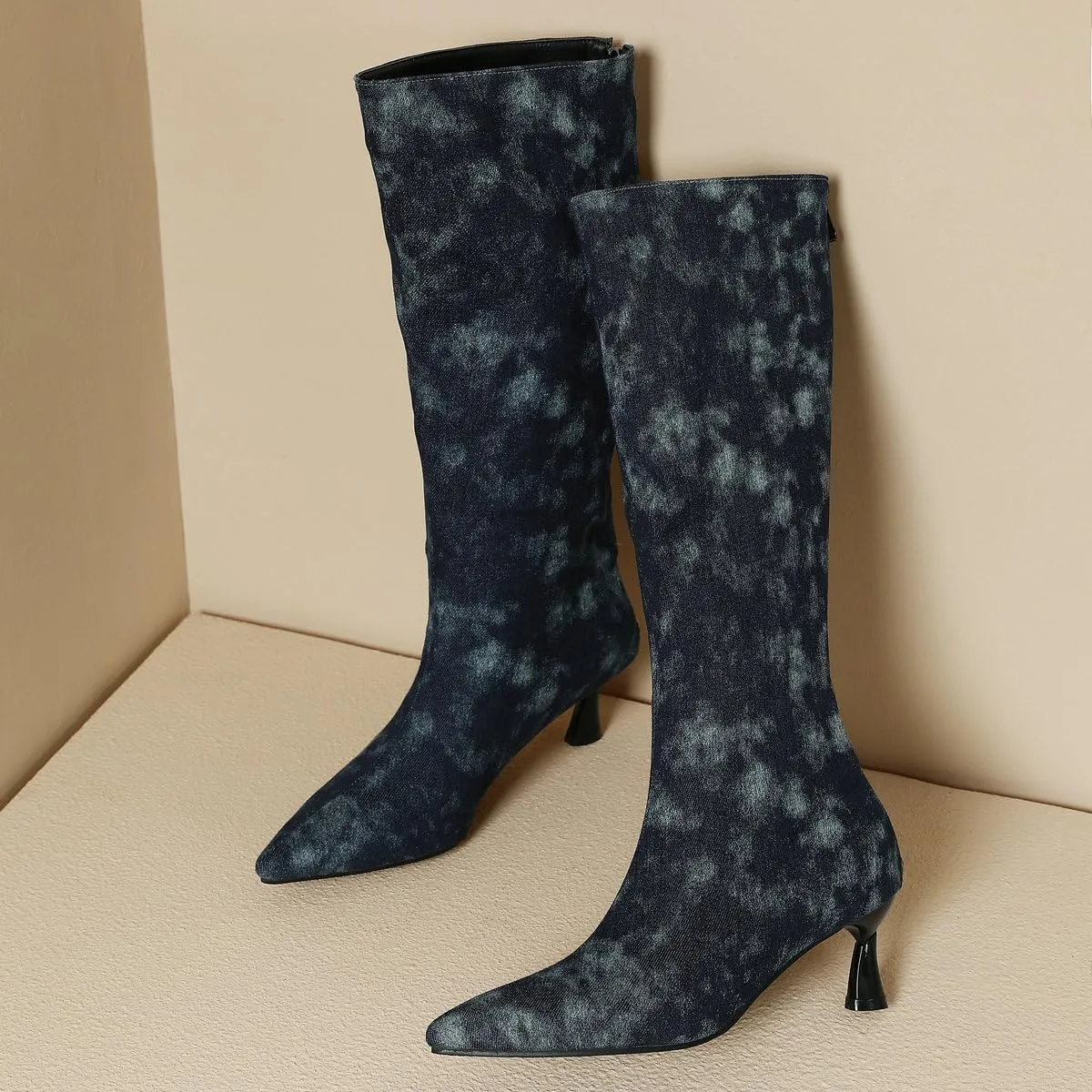 DINTAHA Denim Boots For Women Low Heel,Fall Kitten Heel Knee High Boots Pointed Toe Mid Calf Dress Boots For Women