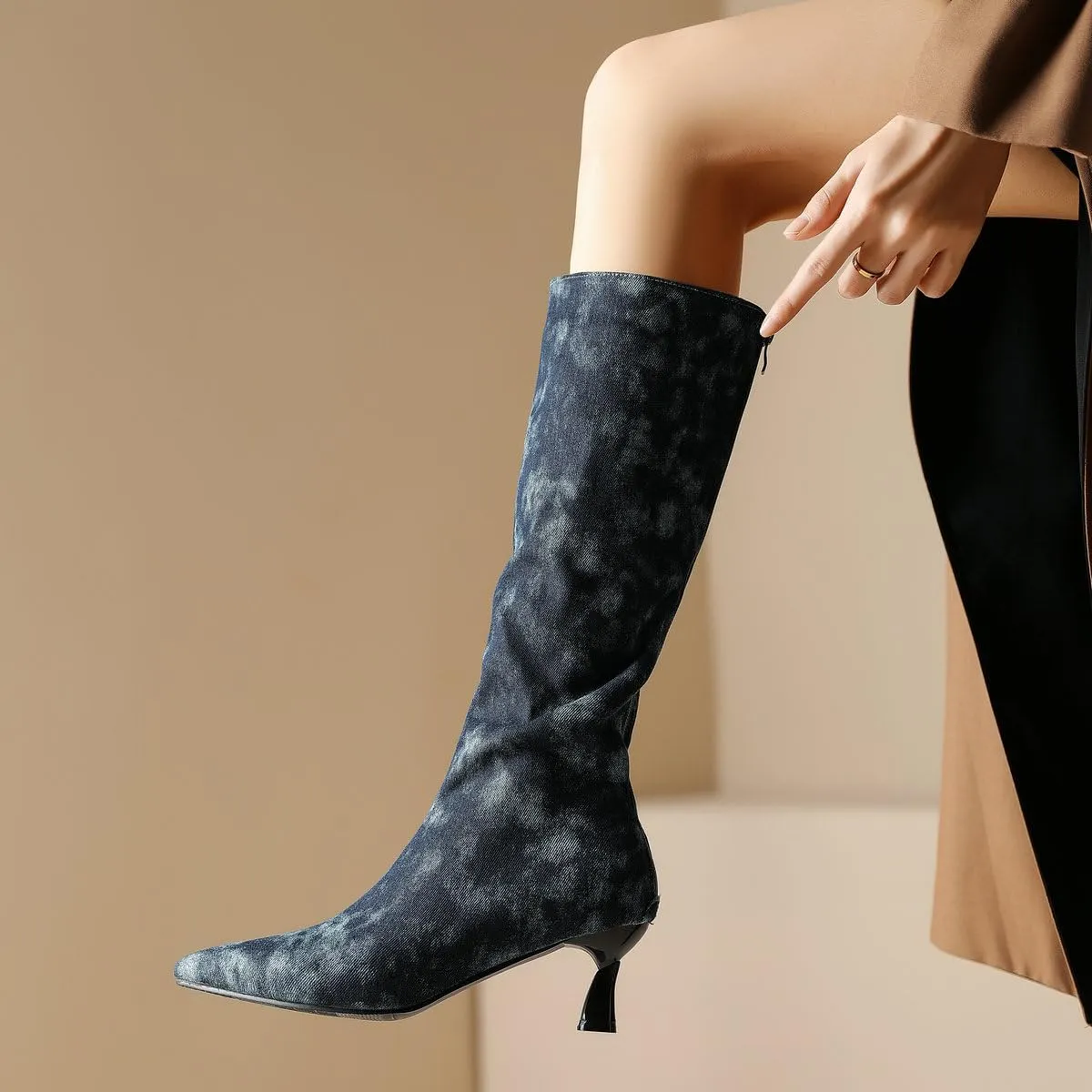 DINTAHA Denim Boots For Women Low Heel,Fall Kitten Heel Knee High Boots Pointed Toe Mid Calf Dress Boots For Women