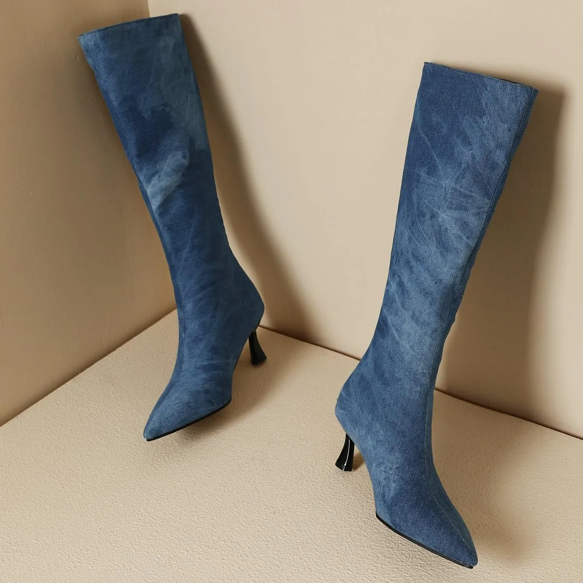 DINTAHA Denim Boots For Women Low Heel,Fall Kitten Heel Knee High Boots Pointed Toe Mid Calf Dress Boots For Women