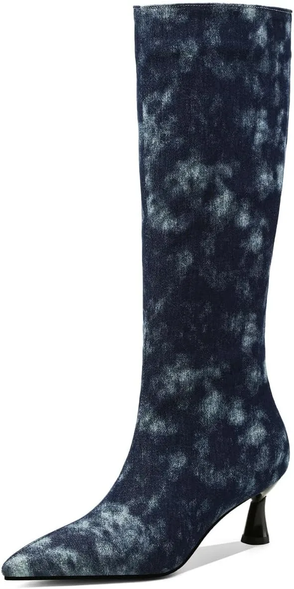 DINTAHA Denim Boots For Women Low Heel,Fall Kitten Heel Knee High Boots Pointed Toe Mid Calf Dress Boots For Women