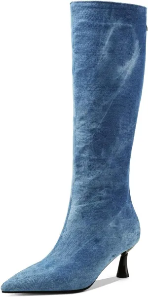 DINTAHA Denim Boots For Women Low Heel,Fall Kitten Heel Knee High Boots Pointed Toe Mid Calf Dress Boots For Women