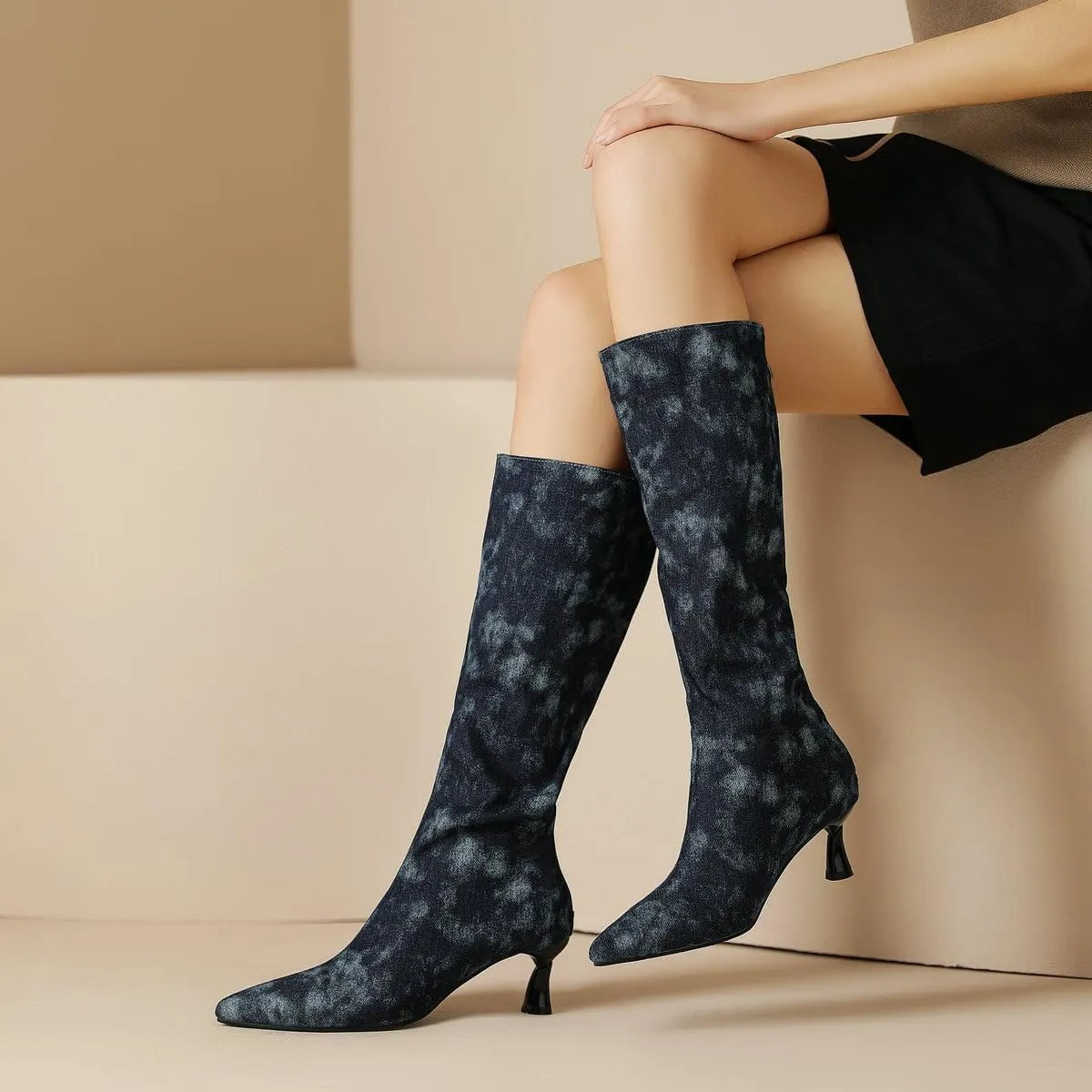 DINTAHA Denim Boots For Women Low Heel,Fall Kitten Heel Knee High Boots Pointed Toe Mid Calf Dress Boots For Women