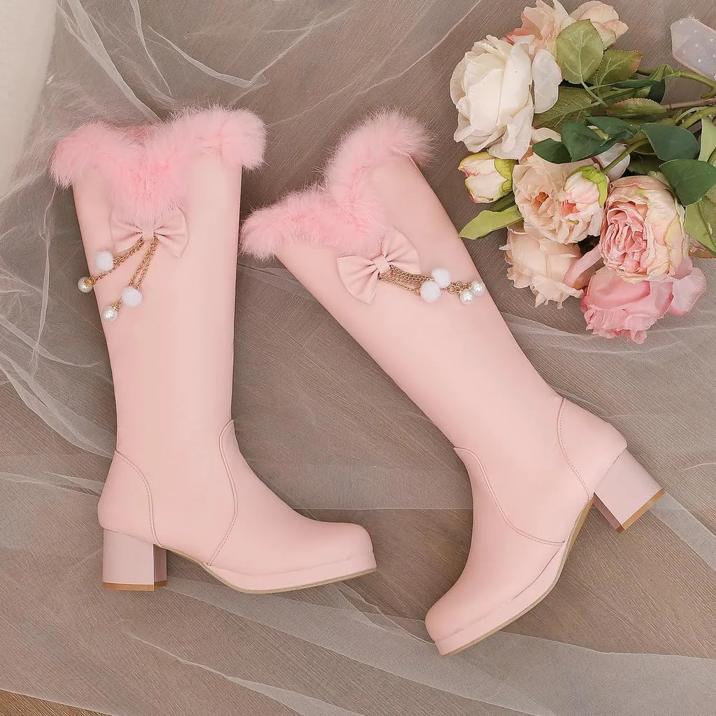 DINTAHA Faux Fur Lined Snow Boots Furry Winter Boots Chunky Knee High Platform Boots With Bow