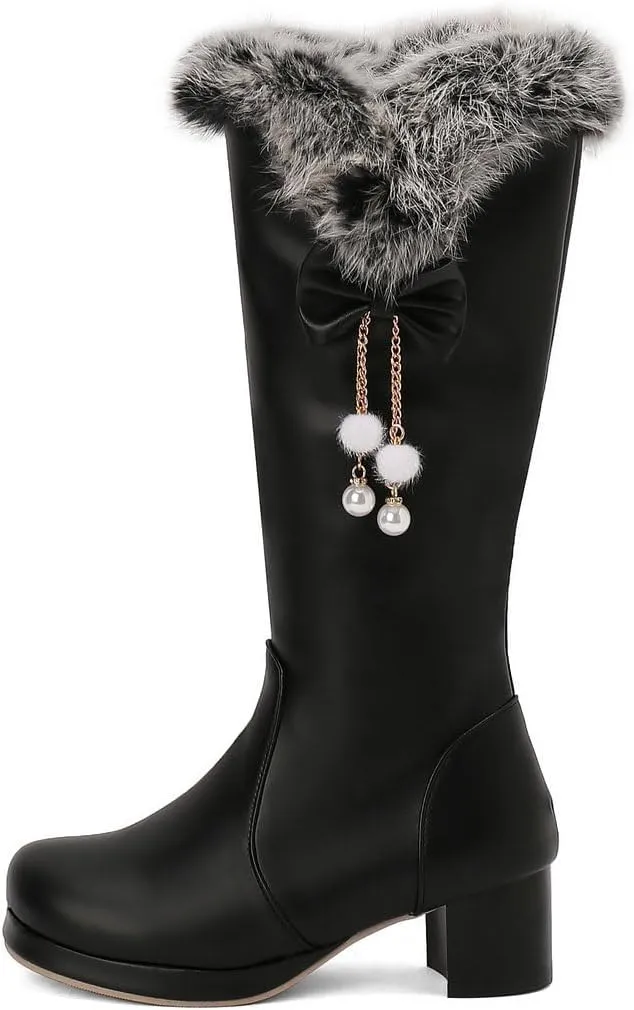 DINTAHA Faux Fur Lined Snow Boots Furry Winter Boots Chunky Knee High Platform Boots With Bow