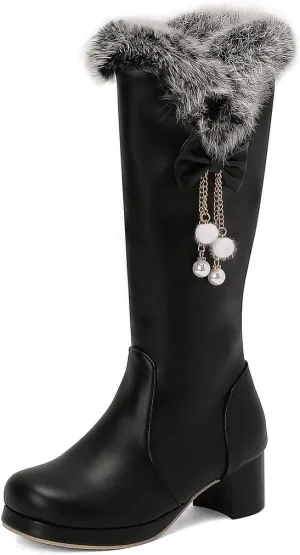 DINTAHA Faux Fur Lined Snow Boots Furry Winter Boots Chunky Knee High Platform Boots With Bow