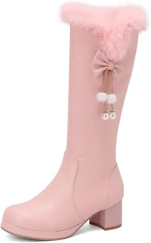 DINTAHA Faux Fur Lined Snow Boots Furry Winter Boots Chunky Knee High Platform Boots With Bow