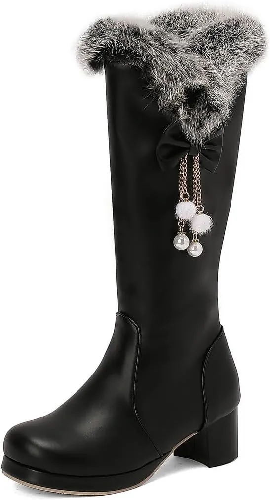 DINTAHA Faux Fur Lined Snow Boots Furry Winter Boots Chunky Knee High Platform Boots With Bow
