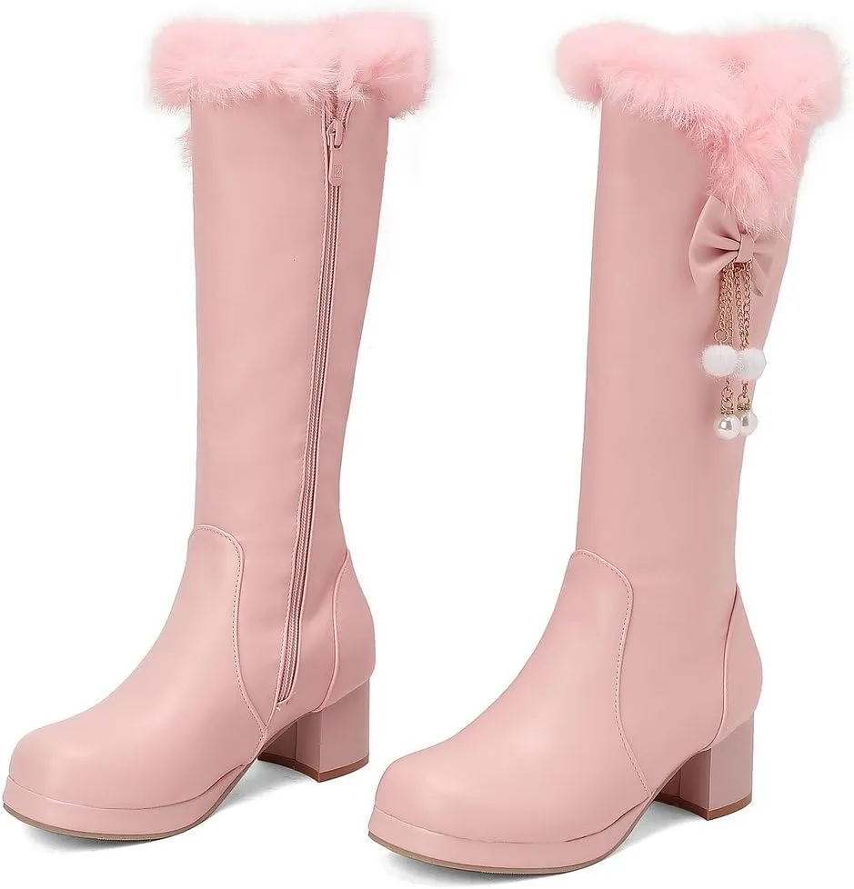 DINTAHA Faux Fur Lined Snow Boots Furry Winter Boots Chunky Knee High Platform Boots With Bow