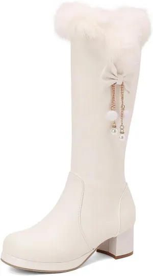 DINTAHA Faux Fur Lined Snow Boots Furry Winter Boots Chunky Knee High Platform Boots With Bow