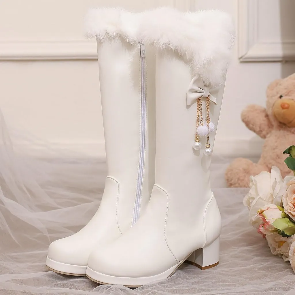 DINTAHA Faux Fur Lined Snow Boots Furry Winter Boots Chunky Knee High Platform Boots With Bow