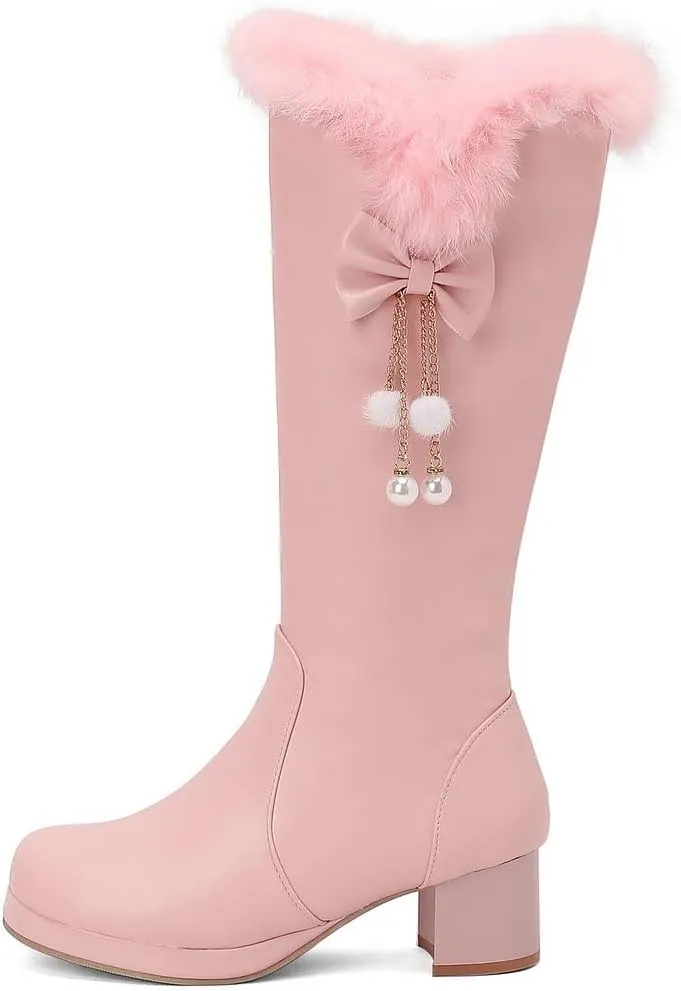 DINTAHA Faux Fur Lined Snow Boots Furry Winter Boots Chunky Knee High Platform Boots With Bow
