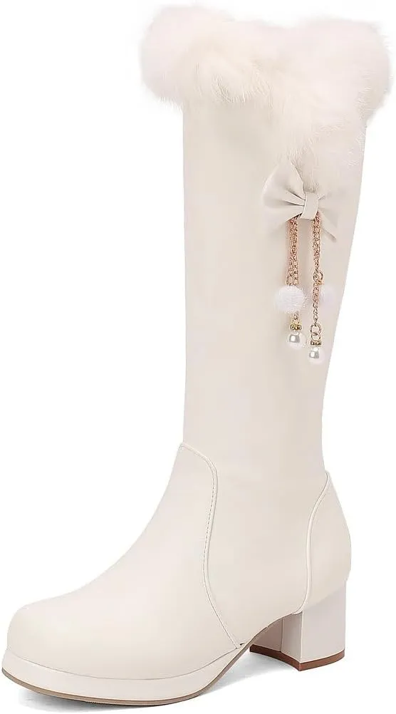 DINTAHA Faux Fur Lined Snow Boots Furry Winter Boots Chunky Knee High Platform Boots With Bow