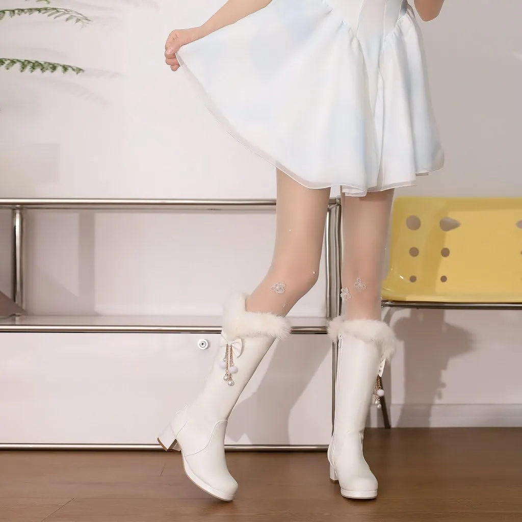 DINTAHA Faux Fur Lined Snow Boots Furry Winter Boots Chunky Knee High Platform Boots With Bow