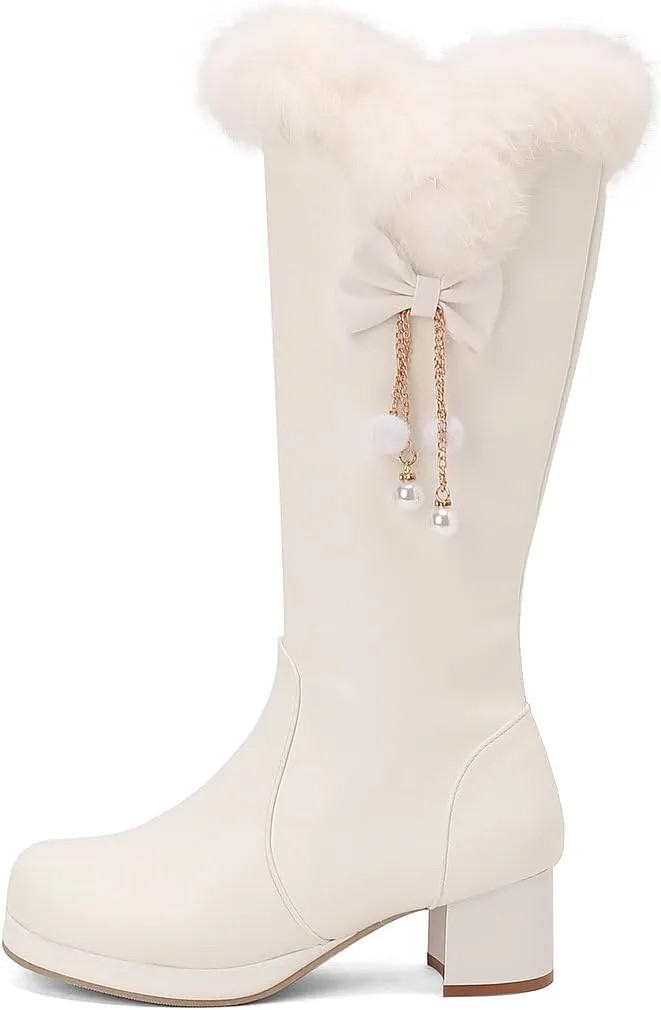 DINTAHA Faux Fur Lined Snow Boots Furry Winter Boots Chunky Knee High Platform Boots With Bow