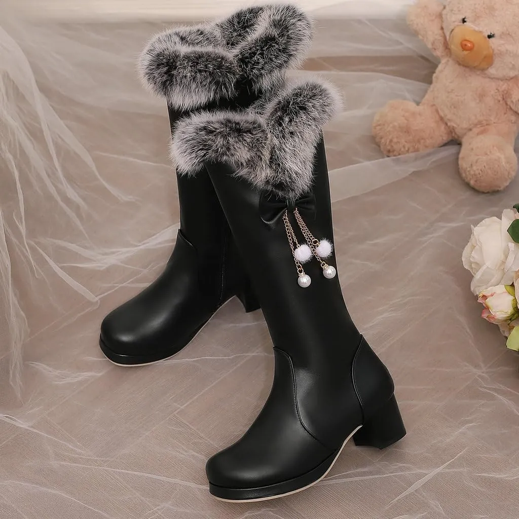 DINTAHA Faux Fur Lined Snow Boots Furry Winter Boots Chunky Knee High Platform Boots With Bow