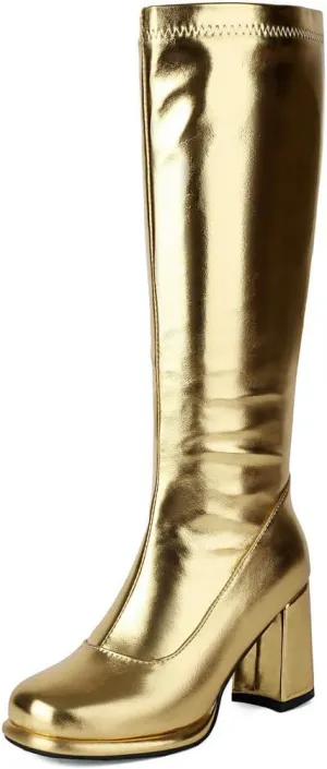 DINTAHA Gogo Boots Patent Leather Knee High Platform Boots Chunky High Heeled Boots with Zip Up