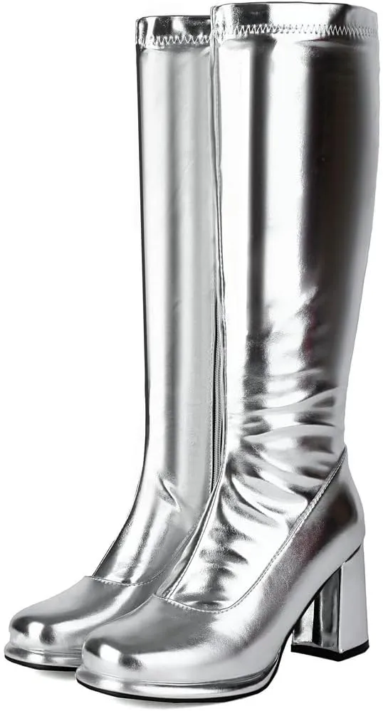 DINTAHA Gogo Boots Patent Leather Knee High Platform Boots Chunky High Heeled Boots with Zip Up
