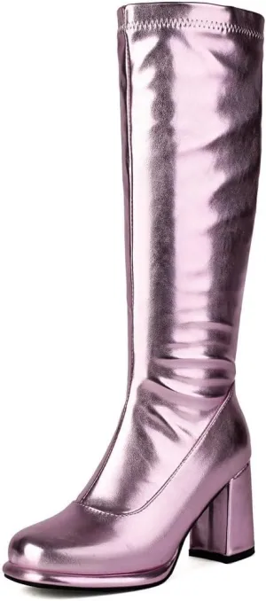 DINTAHA Gogo Boots Patent Leather Knee High Platform Boots Chunky High Heeled Boots with Zip Up
