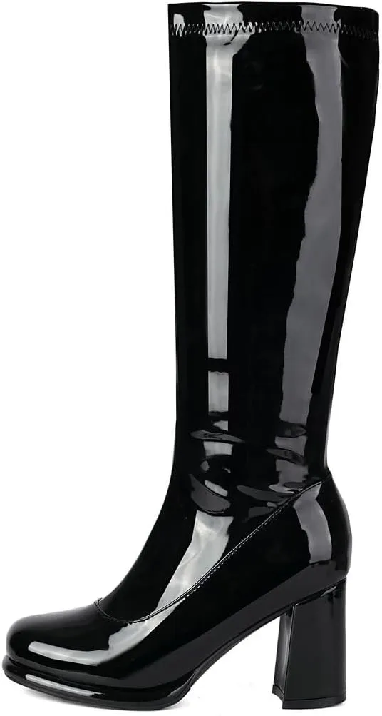 DINTAHA Gogo Boots Patent Leather Knee High Platform Boots Chunky High Heeled Boots with Zip Up