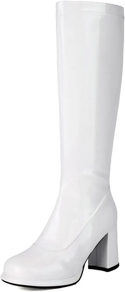 DINTAHA Gogo Boots Patent Leather Knee High Platform Boots Chunky High Heeled Boots with Zip Up