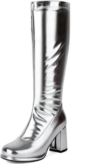 DINTAHA Gogo Boots Patent Leather Knee High Platform Boots Chunky High Heeled Boots with Zip Up