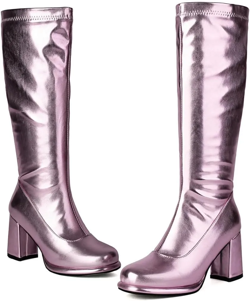DINTAHA Gogo Boots Patent Leather Knee High Platform Boots Chunky High Heeled Boots with Zip Up