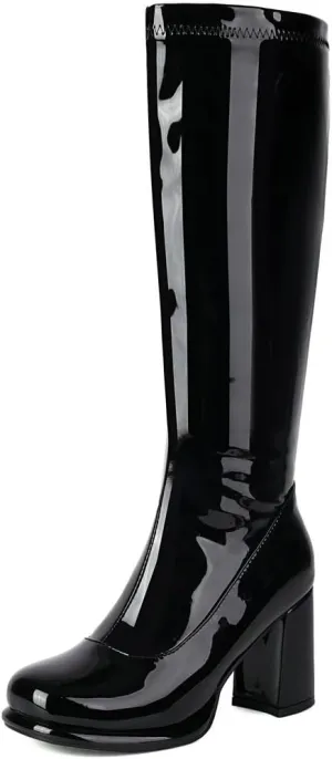 DINTAHA Gogo Boots Patent Leather Knee High Platform Boots Chunky High Heeled Boots with Zip Up