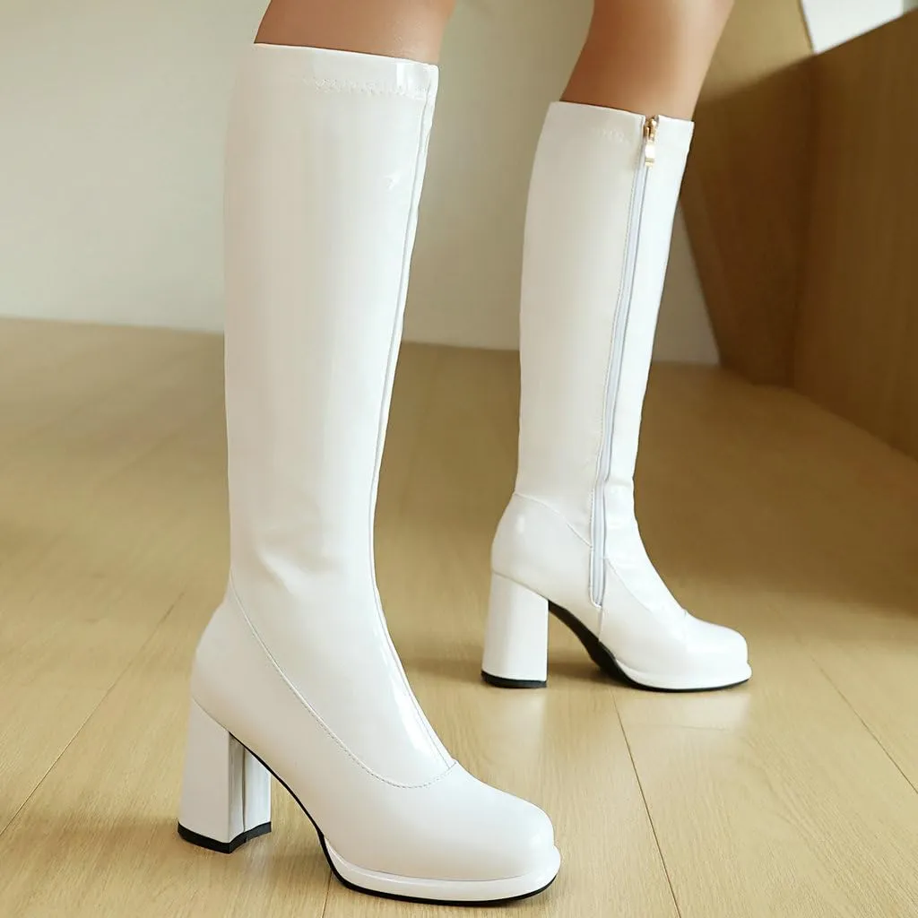 DINTAHA Gogo Boots Patent Leather Knee High Platform Boots Chunky High Heeled Boots with Zip Up
