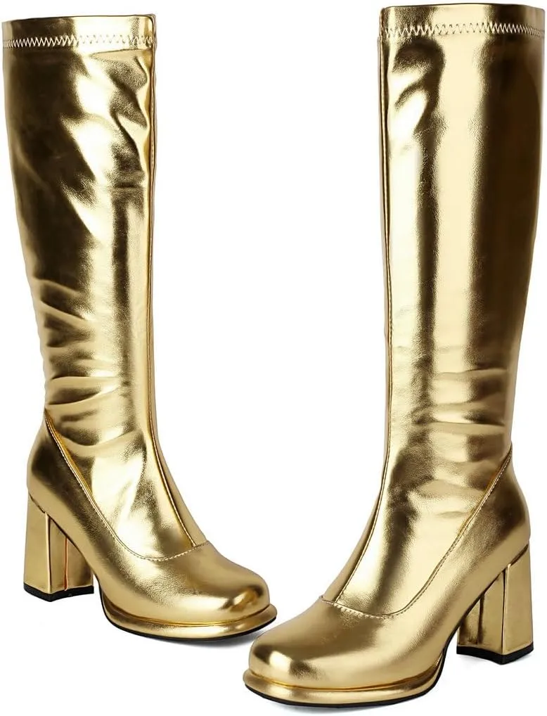 DINTAHA Gogo Boots Patent Leather Knee High Platform Boots Chunky High Heeled Boots with Zip Up