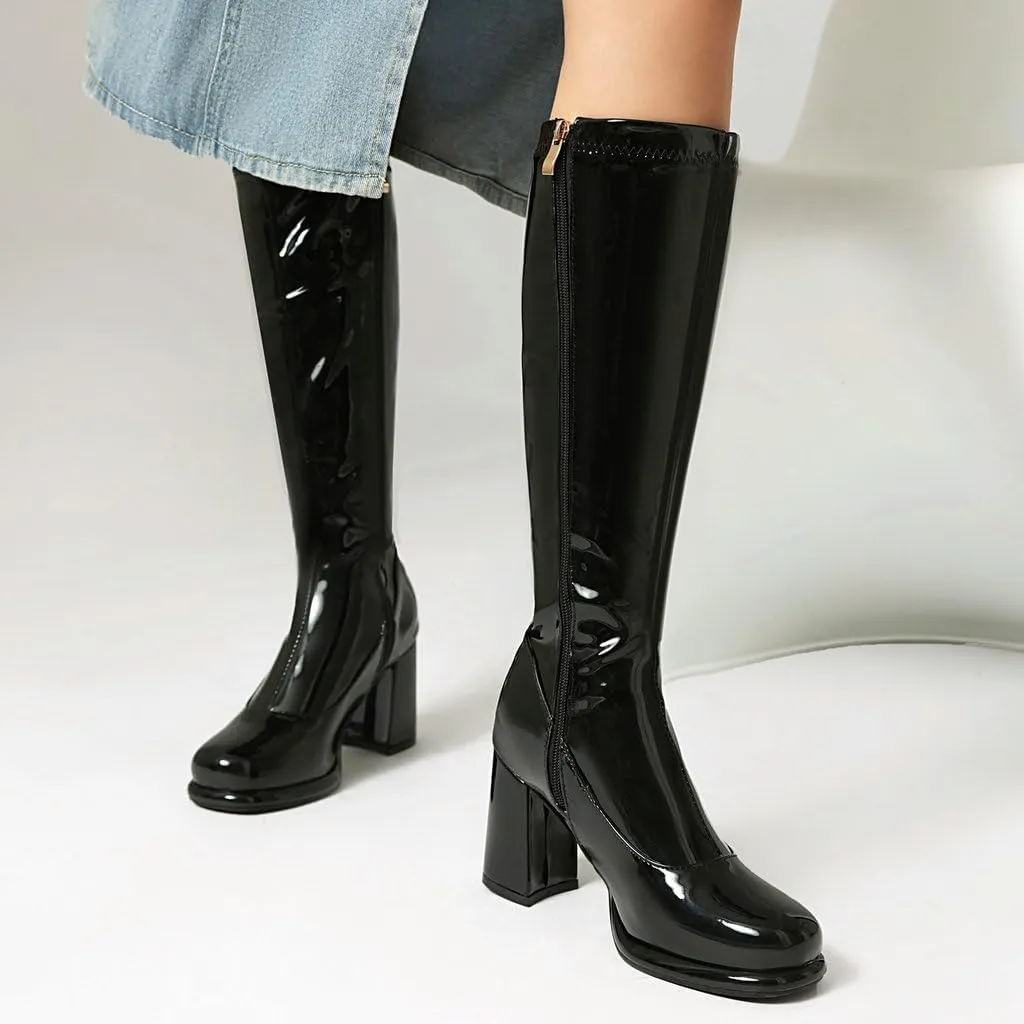 DINTAHA Gogo Boots Patent Leather Knee High Platform Boots Chunky High Heeled Boots with Zip Up