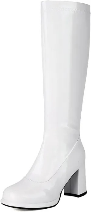 DINTAHA Gogo Boots Patent Leather Knee High Platform Boots Chunky High Heeled Boots with Zip Up