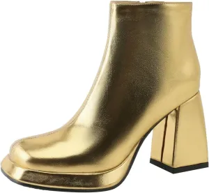 DINTAHA Metallic Platform Boots,Square Toe Heeled Ankle Boots Chunky Platform Heeled Booties 70s Gogo Boots For Women