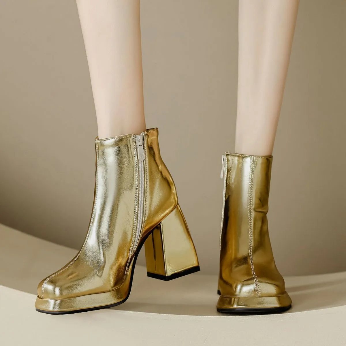 DINTAHA Metallic Platform Boots,Square Toe Heeled Ankle Boots Chunky Platform Heeled Booties 70s Gogo Boots For Women