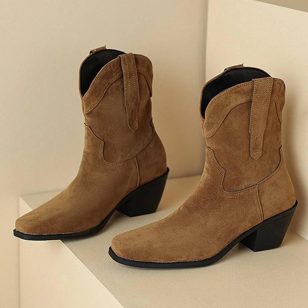 DINTAHA Short Suede Cowgirl Boots Ankle Chunky Heeled Cowboy Western Boots