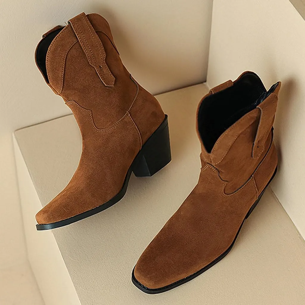 DINTAHA Short Suede Cowgirl Boots Ankle Chunky Heeled Cowboy Western Boots